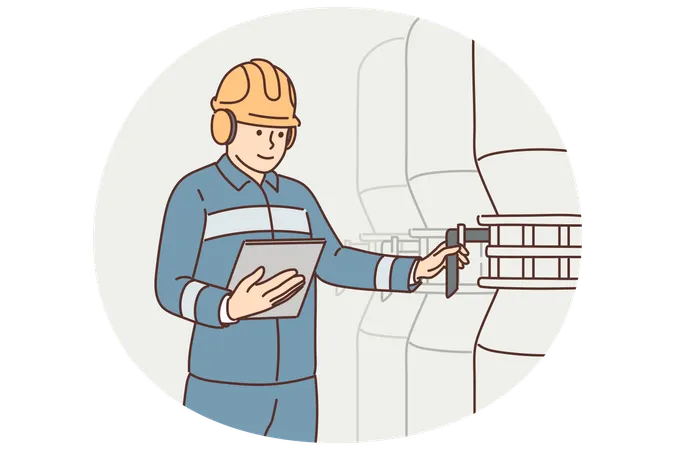 Man working at factory holds electronic tablet standing near industrial equipment and tanks  Illustration