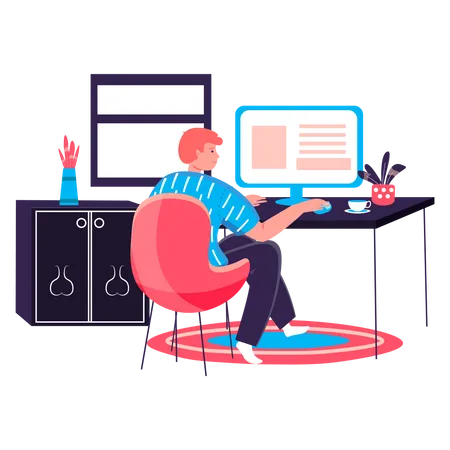 Man Working At Home Office Concept Freelancer Works At Computer Sitting At Desk Freelance Workplace Remote Work On Project Character Scene Vector Illustration In Flat Design With People Activities Illustration