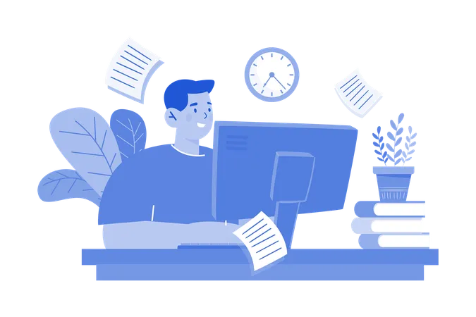 Man Working At Home On A Computer Illustration