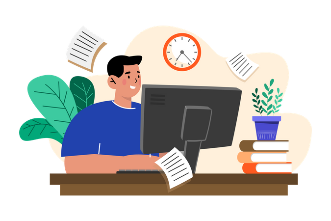 Man working at home on a computer Illustration