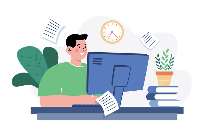 Man working at home on a computer  Illustration