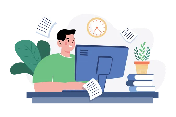 Man working at home on a computer  イラスト
