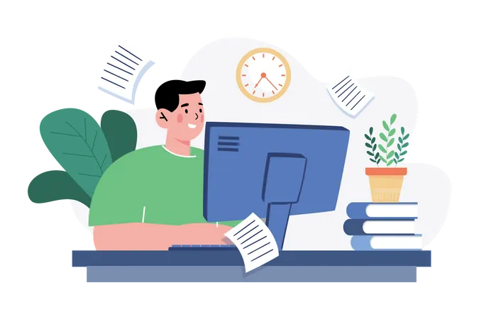 Man working at home on a computer  Illustration