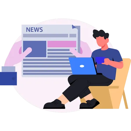 Man working at newspaper on laptop  Illustration