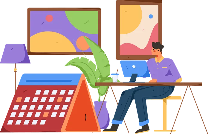 Man working at office while looking business calendar  Illustration