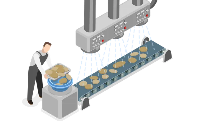 3 D Isometric Flat Vector Illustration Of Potato Chips Manufacturing Process Assembling Line On Plant Illustration