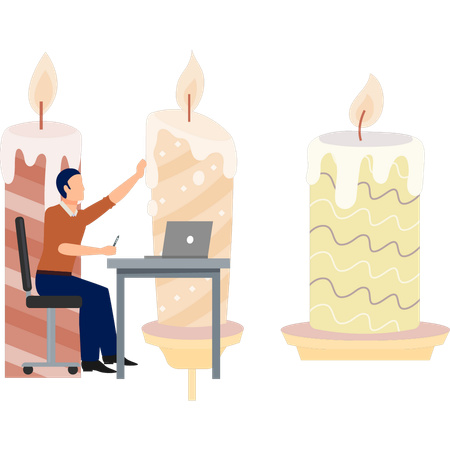 Man working beside burning candle  Illustration