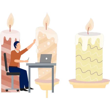 Man working beside burning candle  Illustration