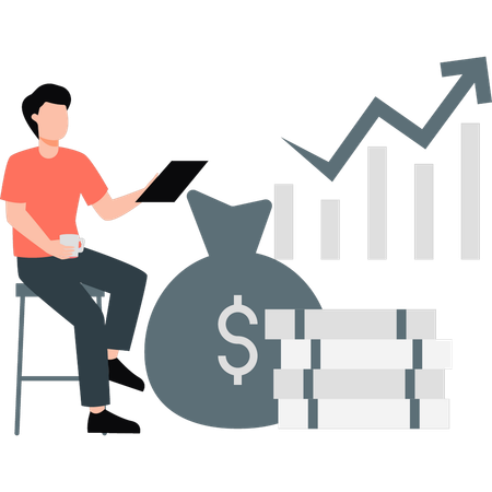 Man working financial profit.    boy,business,graph,dollar,bag,finance,financial,growth,marketing,people,technology,mobile,digital,profit,success,analysis,investment,work,buy,fund,money,money bag,rich,earning  Illustration