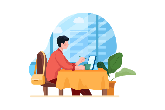 Man working from a cafe Illustration