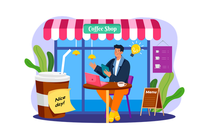 Man working from a cafe  Illustration