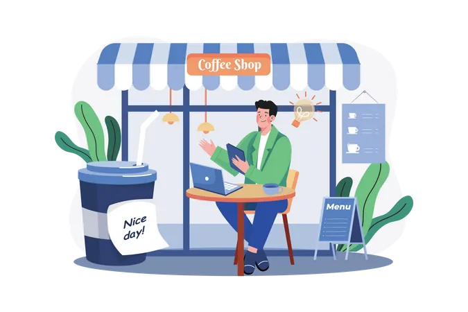 Man Working From A Cafe Illustration Concept Illustration