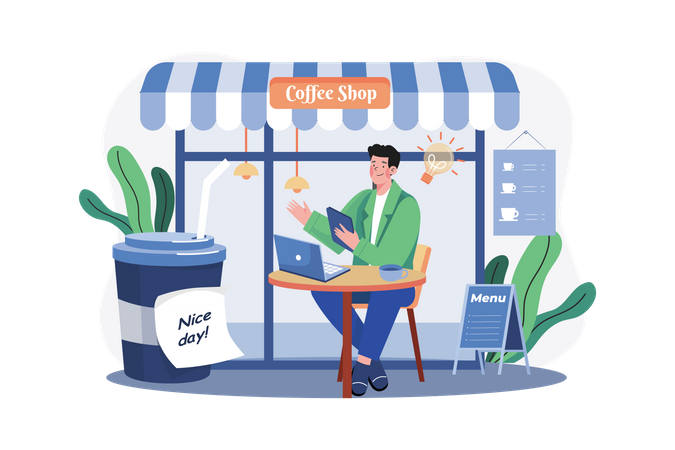 Man working from a cafe  Illustration