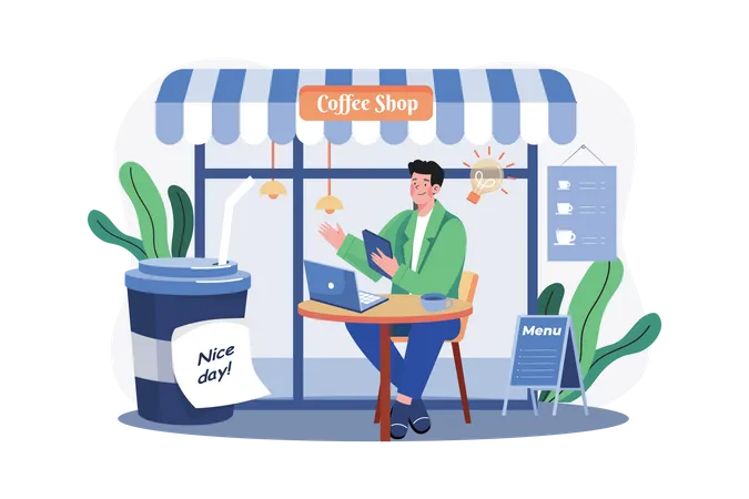 Man working from a cafe  Illustration