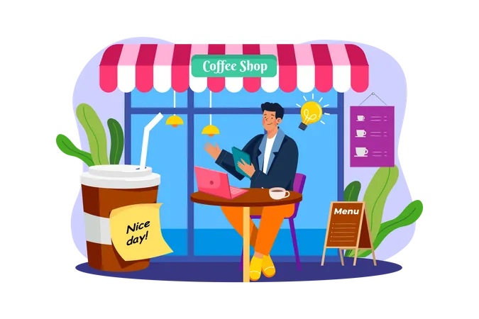 Man working from a cafe  Illustration