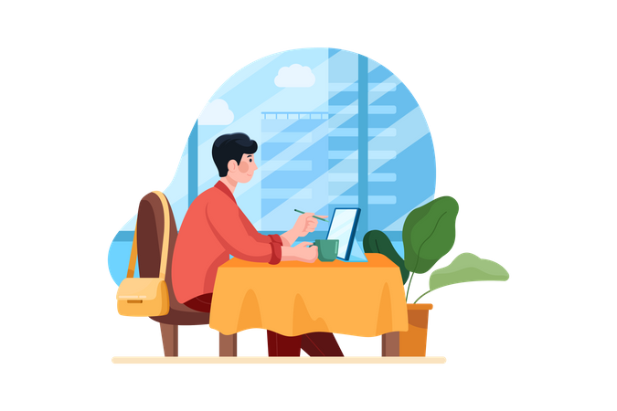 Man working from a cafe  Illustration