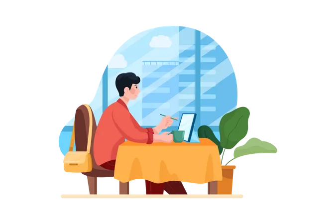 Man working from a cafe  Illustration