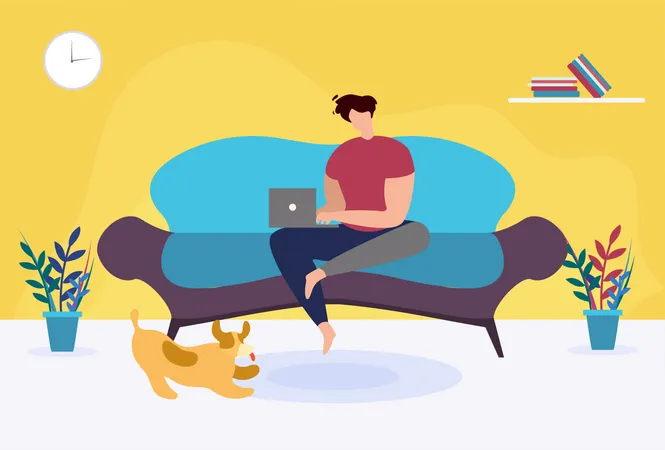 Man With Laptop Sitting On Sofa Cartoon Freelancer Working At Home Guy Chatting Social Media Typing And Sending Email Male Character Studying Or Doing Network Vector Flat Illustration Illustration