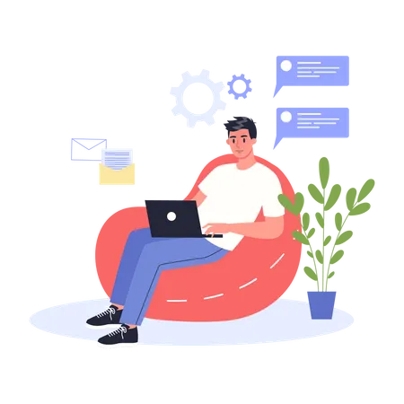 Young Adult Man Working From Home Male Character Working From Home With Laptop Sitting In Armchair Quarantine And Remote Work Concept 2019 N Co V Pandemic Global Impact Isolated Vector Illustration Illustration