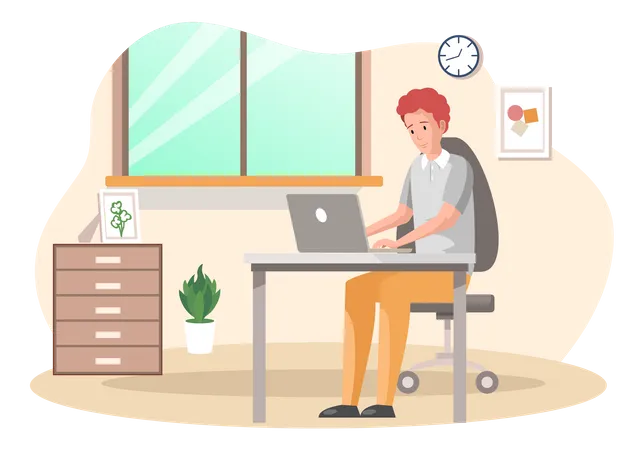 Man Working Person Sitting In Room And Correspondence Surfing Internet Male Character Communicating Through Network On Laptop Freelance Work From Home And Home Office Concept Working People Illustration