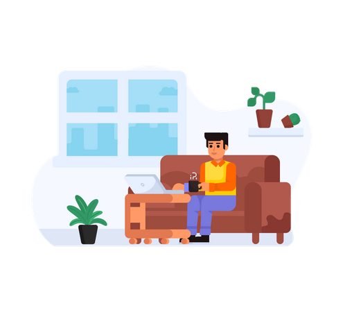 Man working from home comfortably sitting on couch  Illustration