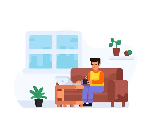 Man working from home comfortably sitting on couch  Illustration