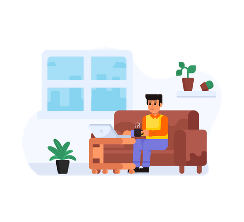 Man working from home comfortably sitting on couch  イラスト