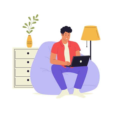 Man Working from Home on Bean Bag Chair  Illustration