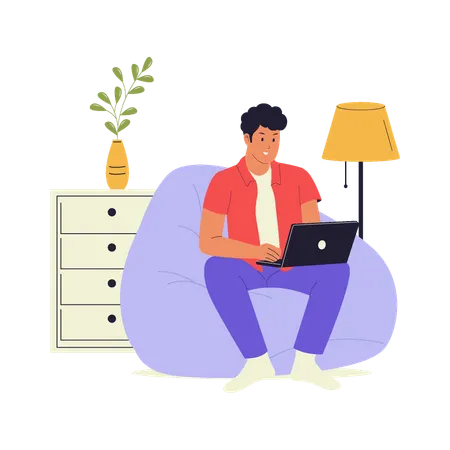 Man Working from Home on Bean Bag Chair  Illustration