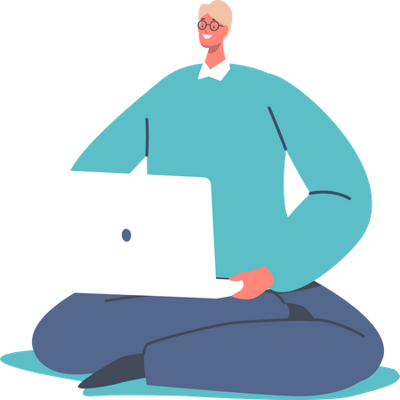 Man working from home while sitting on floor Illustration