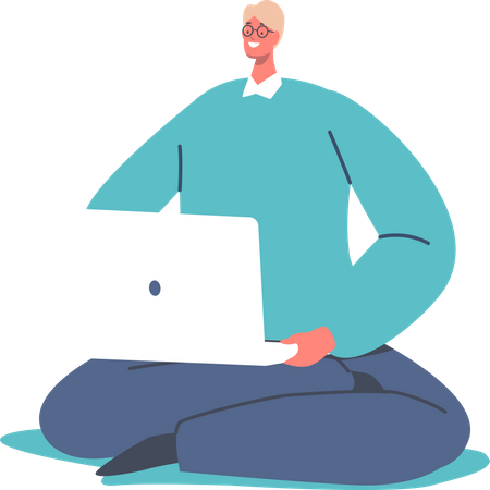Man working from home while sitting on floor  イラスト