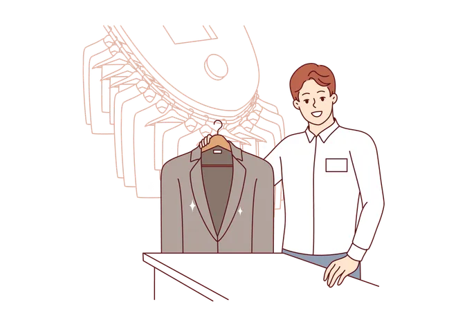 세탁소에서 일하는 남자는 음식이나 소스의 얼룩을 청소한 비즈니스 재킷을 보여줍니다.  일러스트레이션