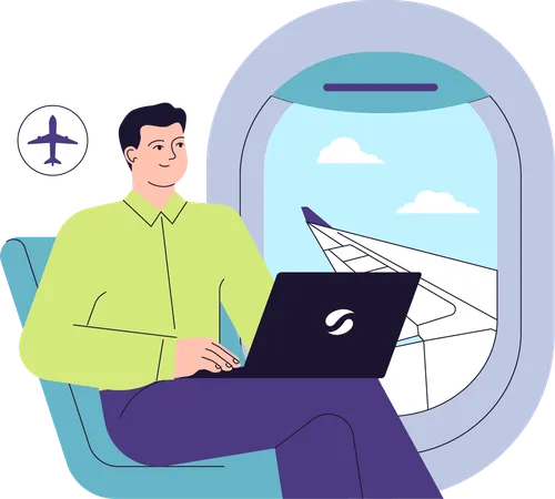 Man working in flight while getting window seat  イラスト
