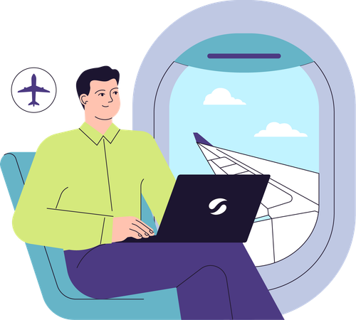 Man working in flight while getting window seat  Illustration