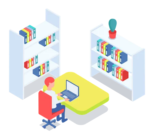Man working in library Illustration