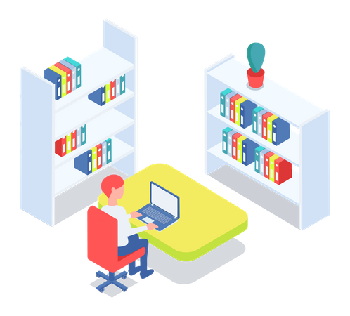 Man working in library  Illustration