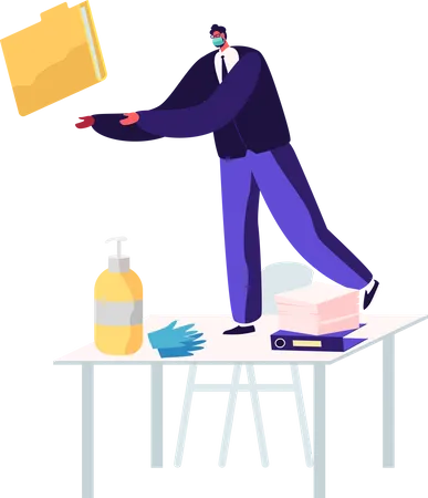 Male Character In Medical Mask Work In Office Man Stand At Desk Throw Folder With Documents To Colleague Businessman Distance Working Process During Coronavirus Pandemic Cartoon Vector Illustration Illustration