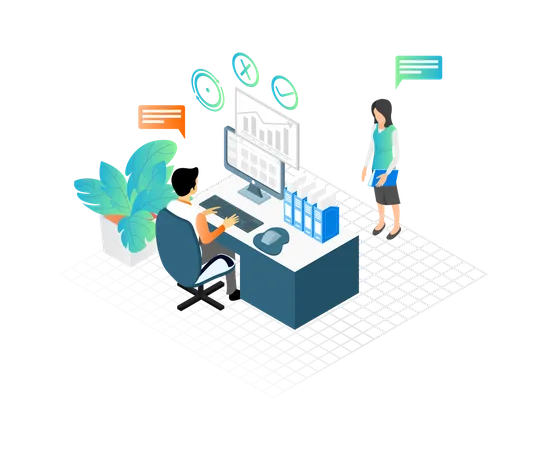 Isometric Style Illustration Of A Man And Woman Working In An Office Illustration