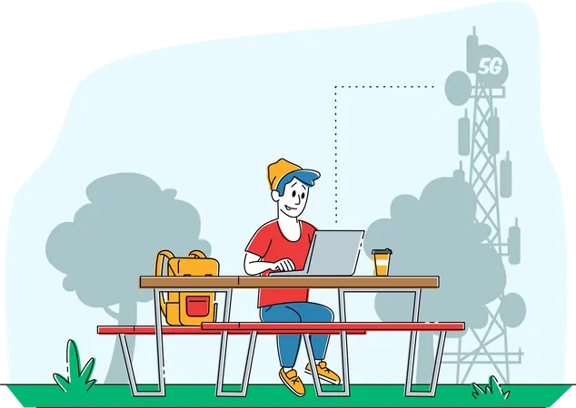 Young Man Character Sitting On Bench With Laptop On Desk At Transmission Telecommunication Tower Communicating Online Using High Speed 5 G Internet Social Media Networking Linear Vector Illustration Illustration