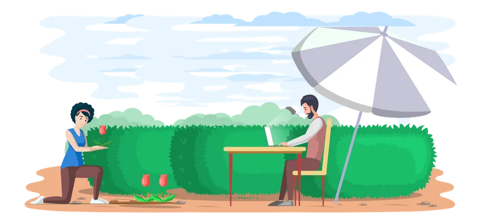Man Sits In Garden Surfs Internet And Works Remotely Break Time Person Travels Makes Money By Teleworking Character Communicating Through Network On Laptop Freelance Work From Anywhere Illustration