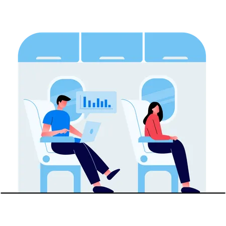 Young Man Sitting In Airplane Working On Laptop Woman Sitting In Sit Passengers In Plane Cartoon Flat Vector Illustration Illustration