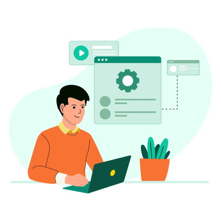 Man working in virtual workspace  Illustration