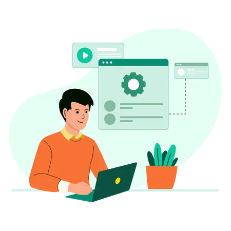 Man working in virtual workspace  Illustration
