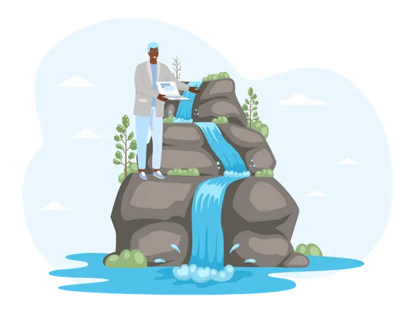 Man working near waterfall  Illustration