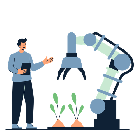 Man working on advanced robotic technology for modern agriculture  Illustration