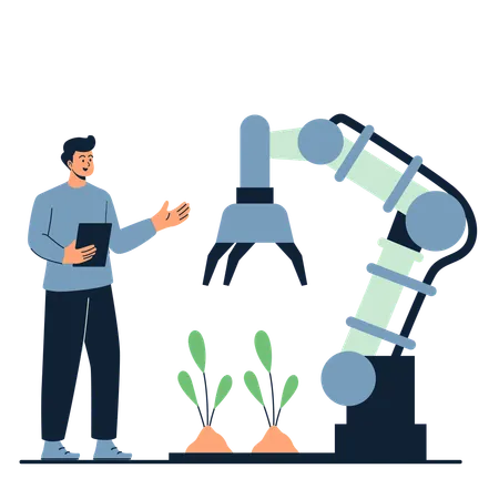 Man working on advanced robotic technology for modern agriculture  Illustration