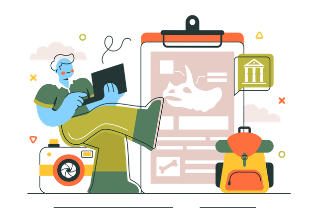 Man working on Archeological report  Illustration