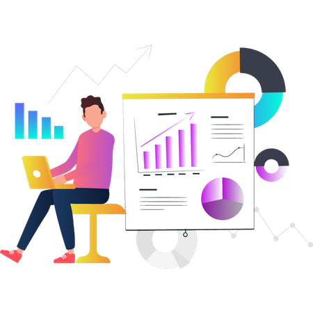 Man working on bar graph on laptop  Illustration