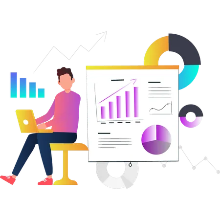 Man working on bar graph on laptop  Illustration