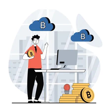 Man working on bitcoin cloud  Illustration